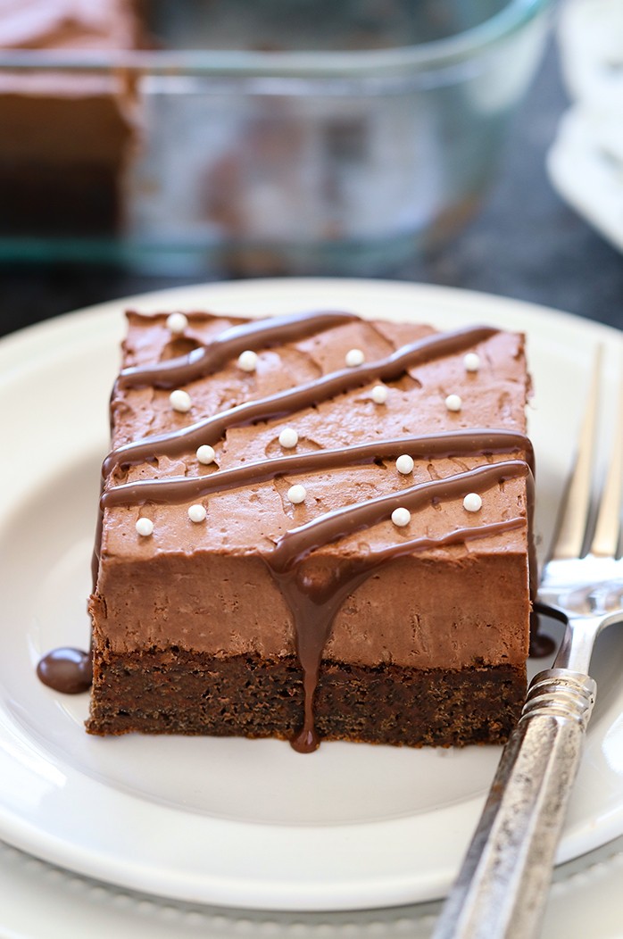 Eggless Chocolate Mousse Brownie on a plate with fork
