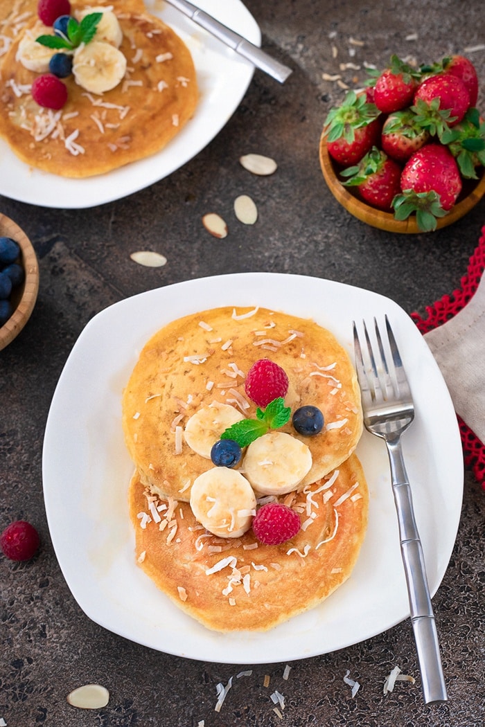 Pancakes on a plate with fruits